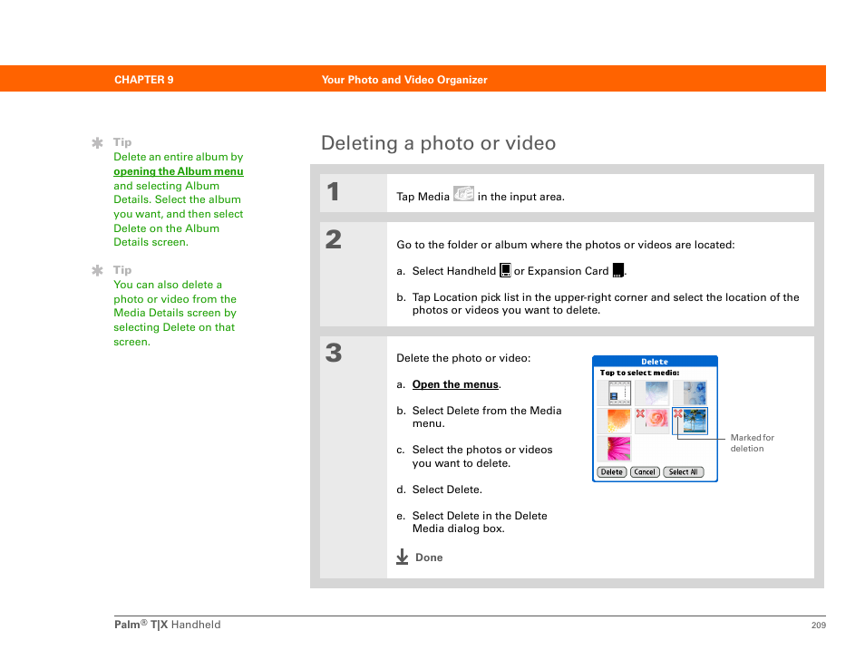 Deleting a photo or video | Palm TX User Manual | Page 231 / 690