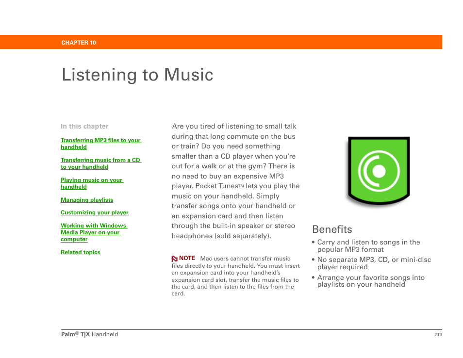 Listening to music, Benefits, Chapter 10: listening to music | Music or | Palm TX User Manual | Page 235 / 690