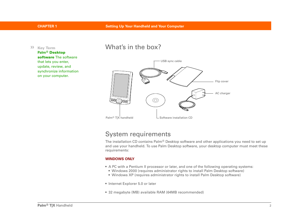 What’s in the box, System requirements, What’s in the box? system requirements | Palm TX User Manual | Page 24 / 690