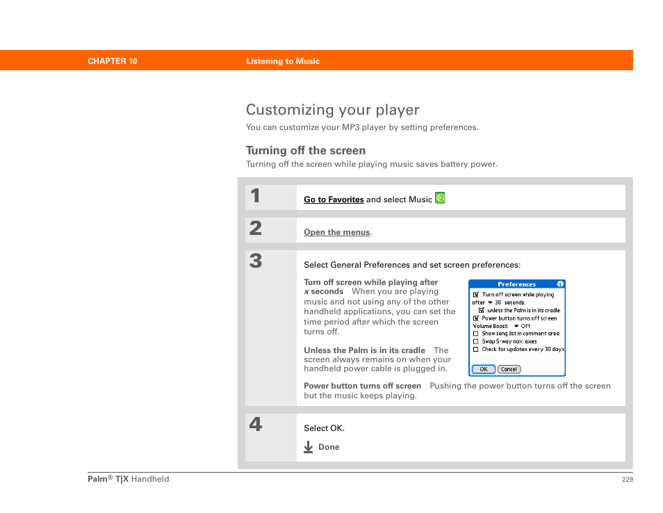Customizing your player, Turning off the screen | Palm TX User Manual | Page 251 / 690