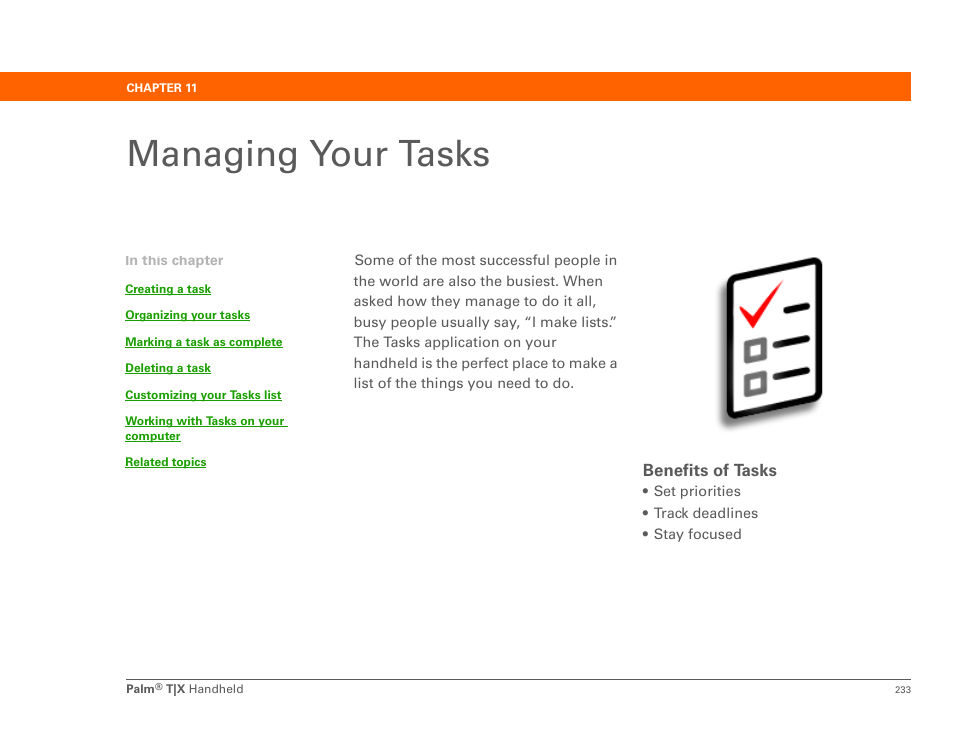 Managing your tasks, Chapter 11: managing your tasks | Palm TX User Manual | Page 255 / 690