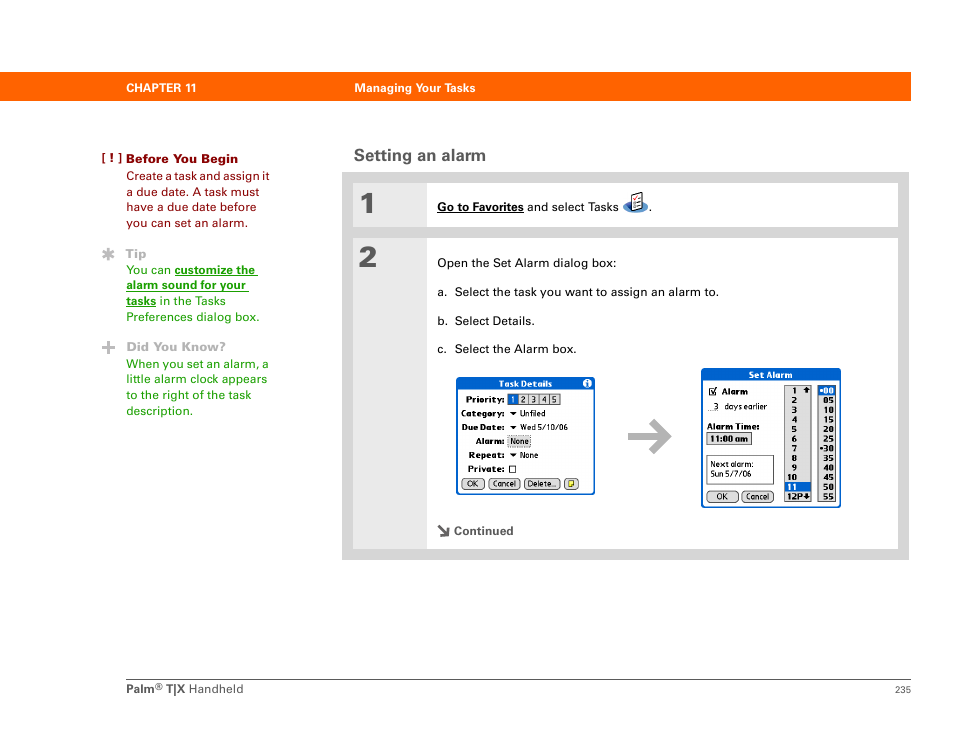 Setting an alarm | Palm TX User Manual | Page 257 / 690