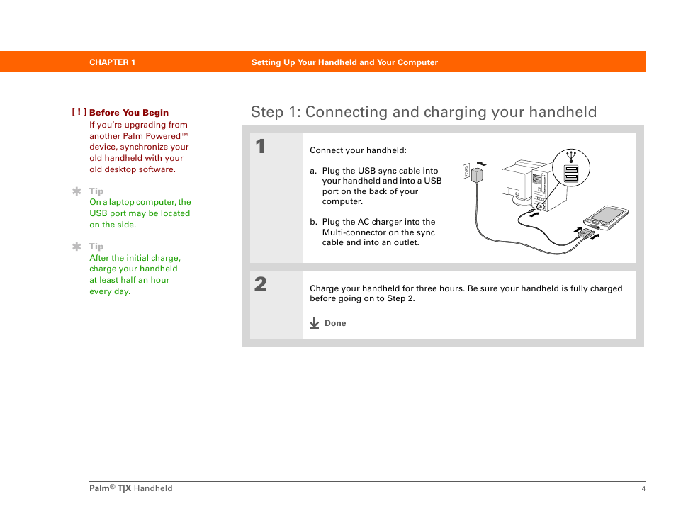 Step 1: connecting and charging your handheld | Palm TX User Manual | Page 26 / 690