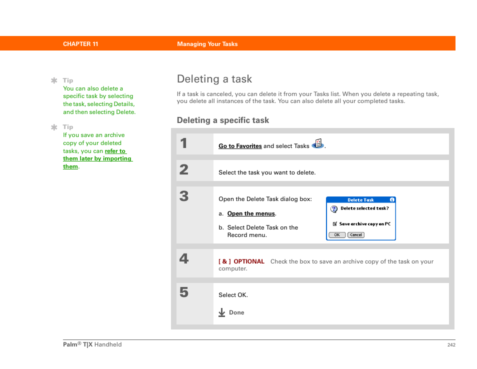 Deleting a task, Deleting a specific task | Palm TX User Manual | Page 264 / 690