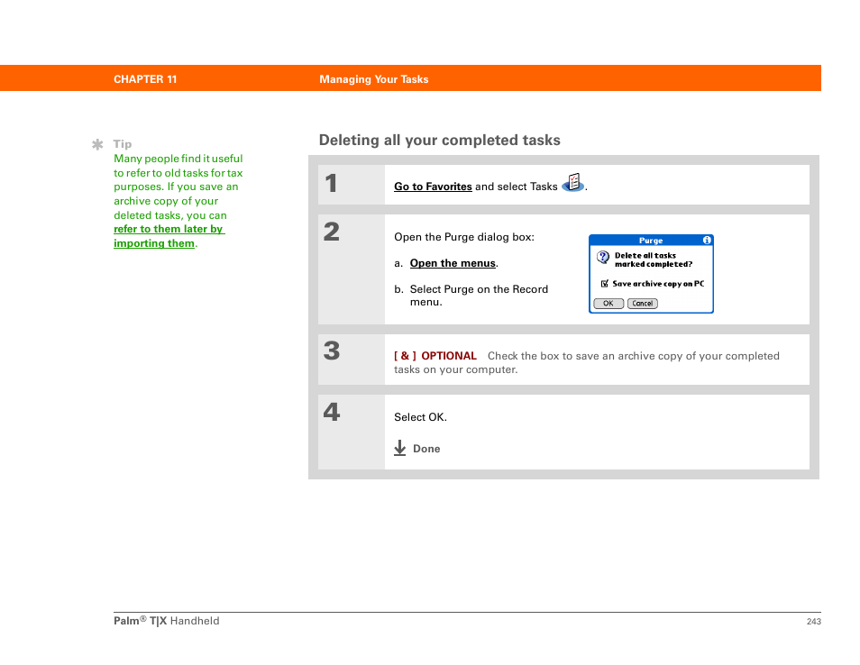 Deleting all your completed tasks | Palm TX User Manual | Page 265 / 690