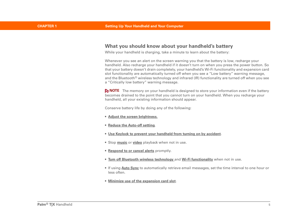 What you should know about your handheld’s battery | Palm TX User Manual | Page 27 / 690