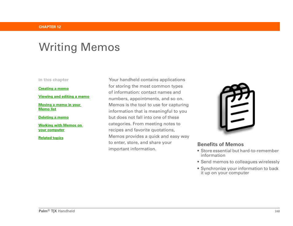 Writing memos, Chapter 12: writing memos | Palm TX User Manual | Page 270 / 690