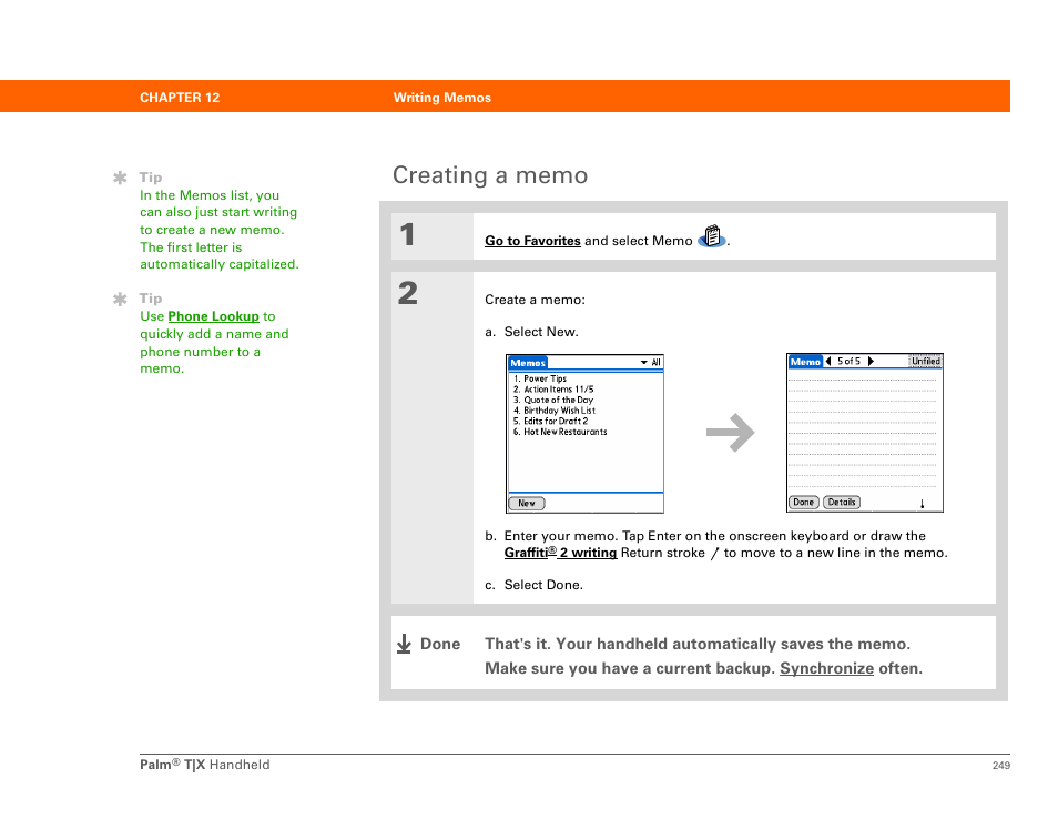 Creating a memo | Palm TX User Manual | Page 271 / 690