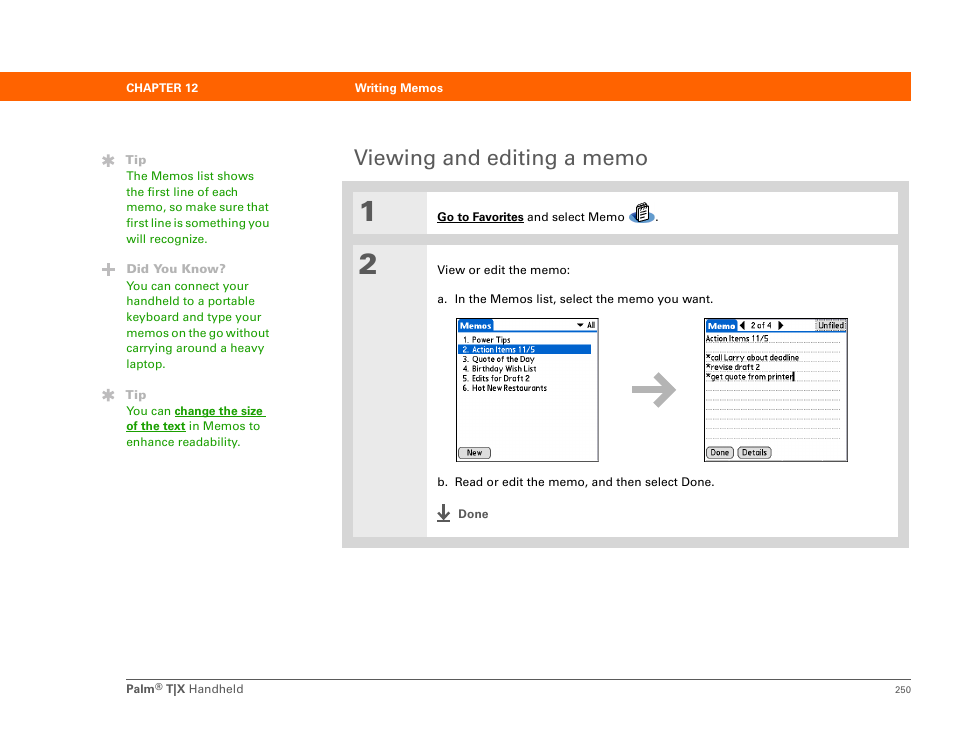 Viewing and editing a memo | Palm TX User Manual | Page 272 / 690