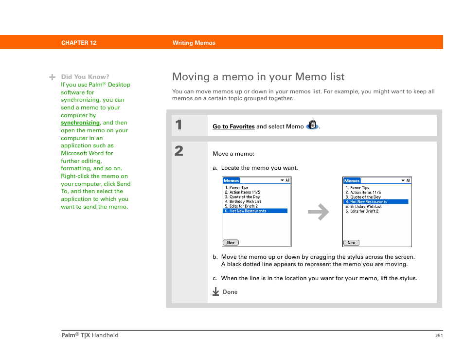 Moving a memo in your memo list | Palm TX User Manual | Page 273 / 690