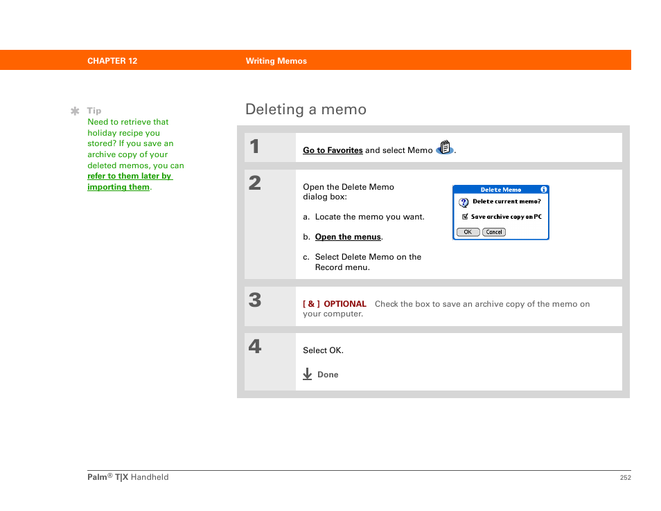 Deleting a memo | Palm TX User Manual | Page 274 / 690