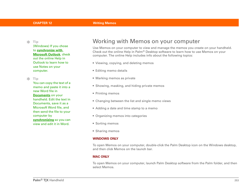 Working with memos on your computer | Palm TX User Manual | Page 275 / 690