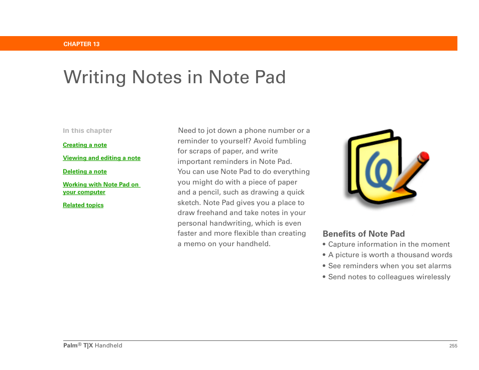 Writing notes in note pad, Chapter 13: writing notes in note pad | Palm TX User Manual | Page 277 / 690