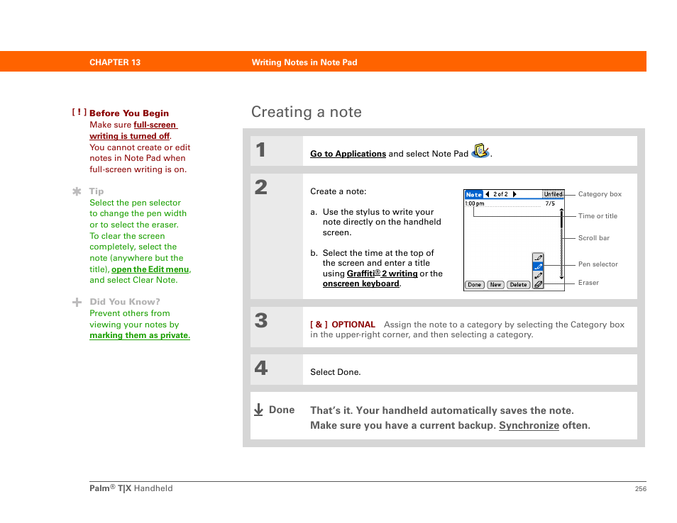 Creating a note | Palm TX User Manual | Page 278 / 690