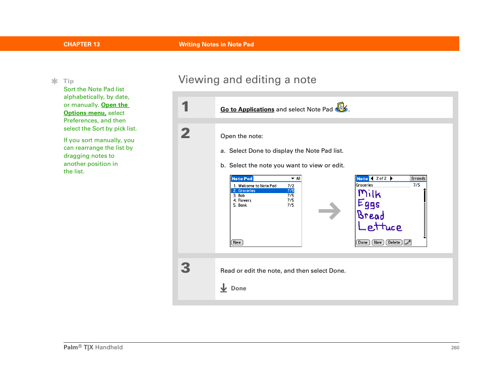 Viewing and editing a note | Palm TX User Manual | Page 282 / 690