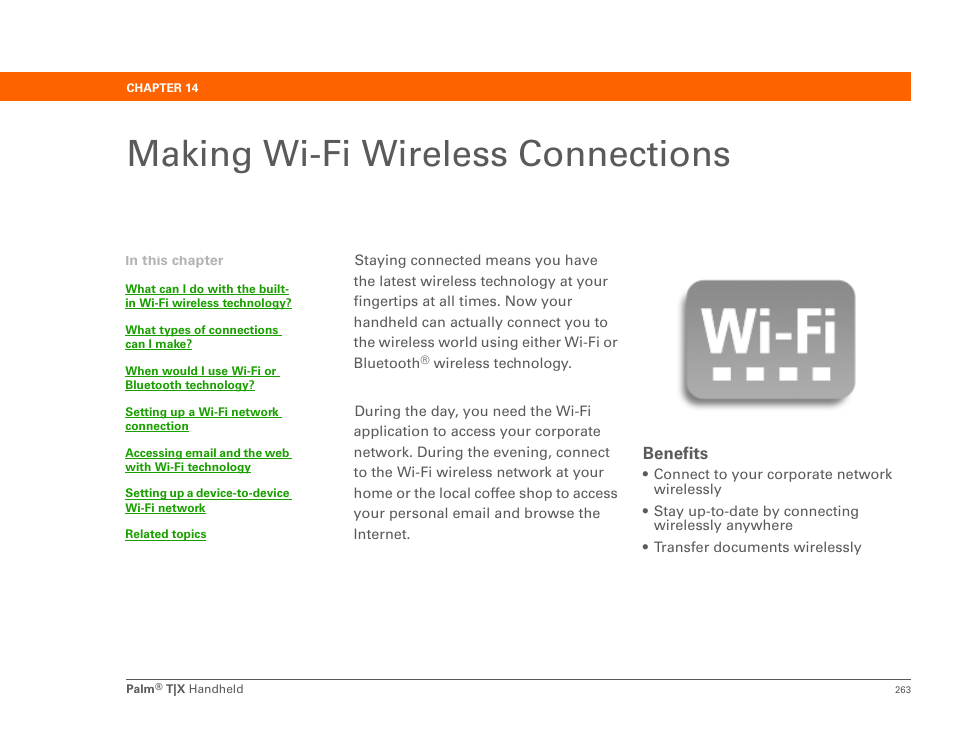 Making wi-fi wireless connections, Chapter 14: making wi-fi wireless connections, Wi-fi functionality w | E wi-fi dialog, Or wi-fi capabilities, Wi-fi | Palm TX User Manual | Page 286 / 690
