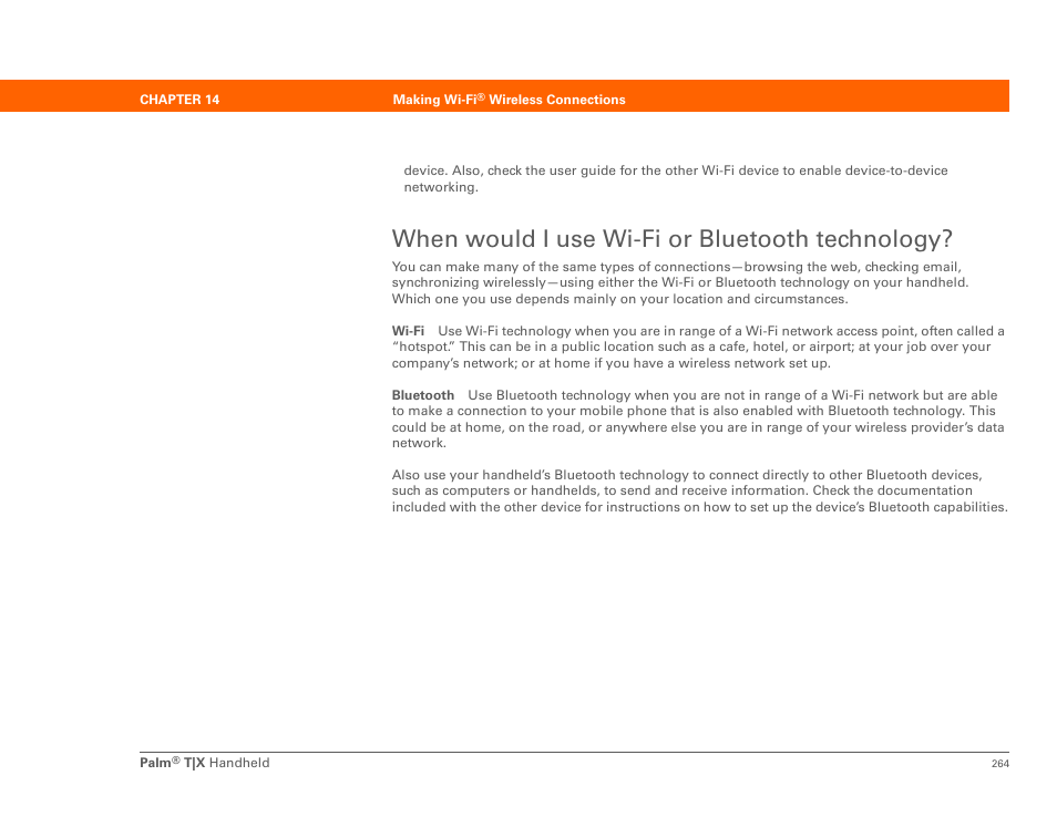 When would i use wi-fi or bluetooth technology | Palm TX User Manual | Page 288 / 690