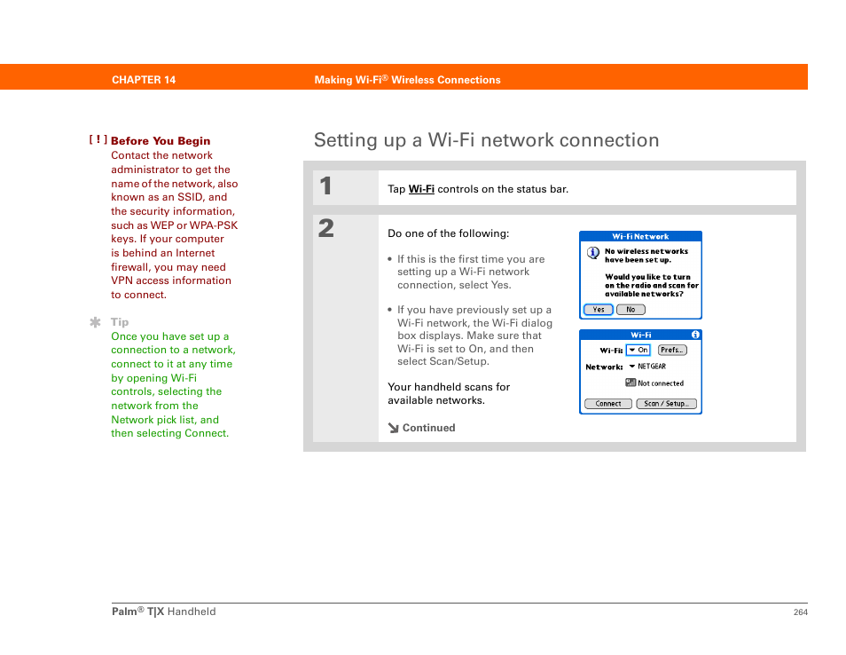 Setting up a wi-fi network connection, Wi-fi network connection | Palm TX User Manual | Page 291 / 690