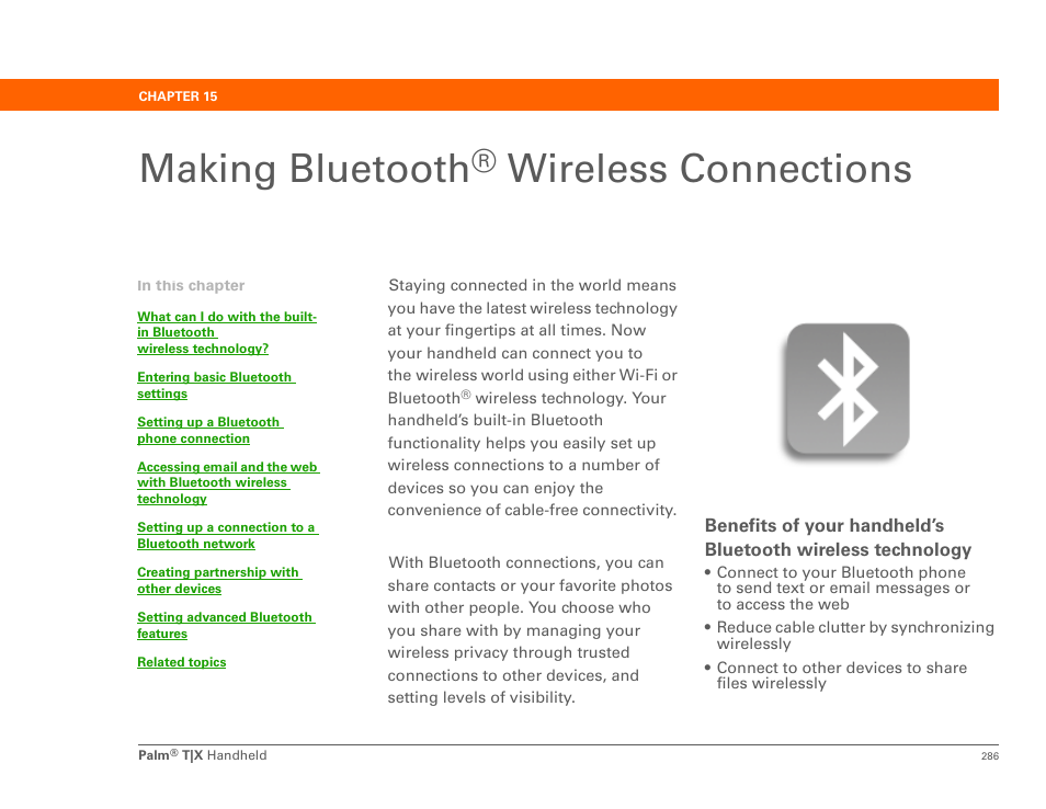 Making bluetooth® wireless connections, Chapter 15: making bluetooth, Turn off bluetooth wireless technology | E bluetooth dialog bo, Turn off bluetooth wireless technology an, Bluetooth® wireless technology, Connecting, Bluetooth, Must set up a phone connection . t, Set up a phone connection . t | Palm TX User Manual | Page 308 / 690