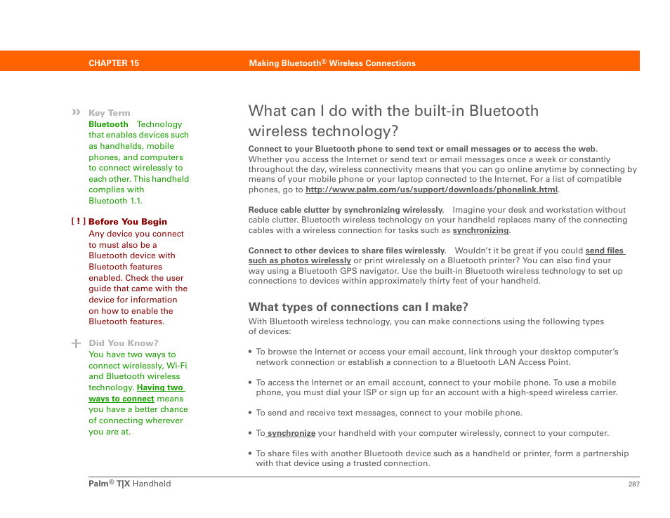 What types of connections can i make | Palm TX User Manual | Page 309 / 690