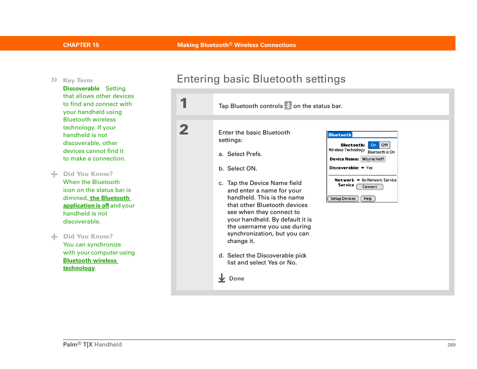 Entering basic bluetooth settings | Palm TX User Manual | Page 311 / 690