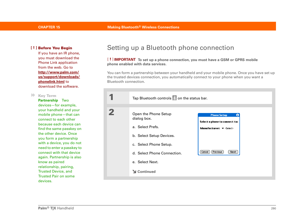 Setting up a bluetooth phone connection, Phone link updater, Partnership | Palm TX User Manual | Page 312 / 690