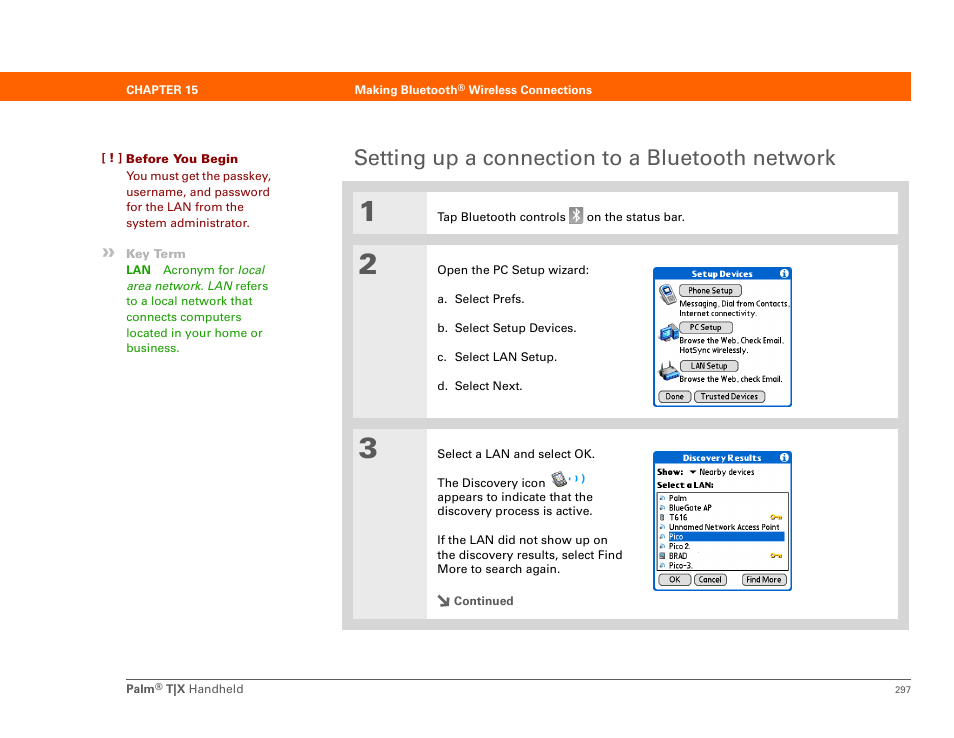 Setting up a connection to a bluetooth network | Palm TX User Manual | Page 319 / 690