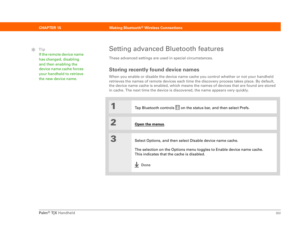 Setting advanced bluetooth features, Storing recently found device names | Palm TX User Manual | Page 324 / 690