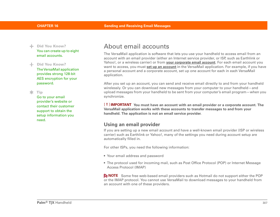 About email accounts, Using an email provider | Palm TX User Manual | Page 329 / 690