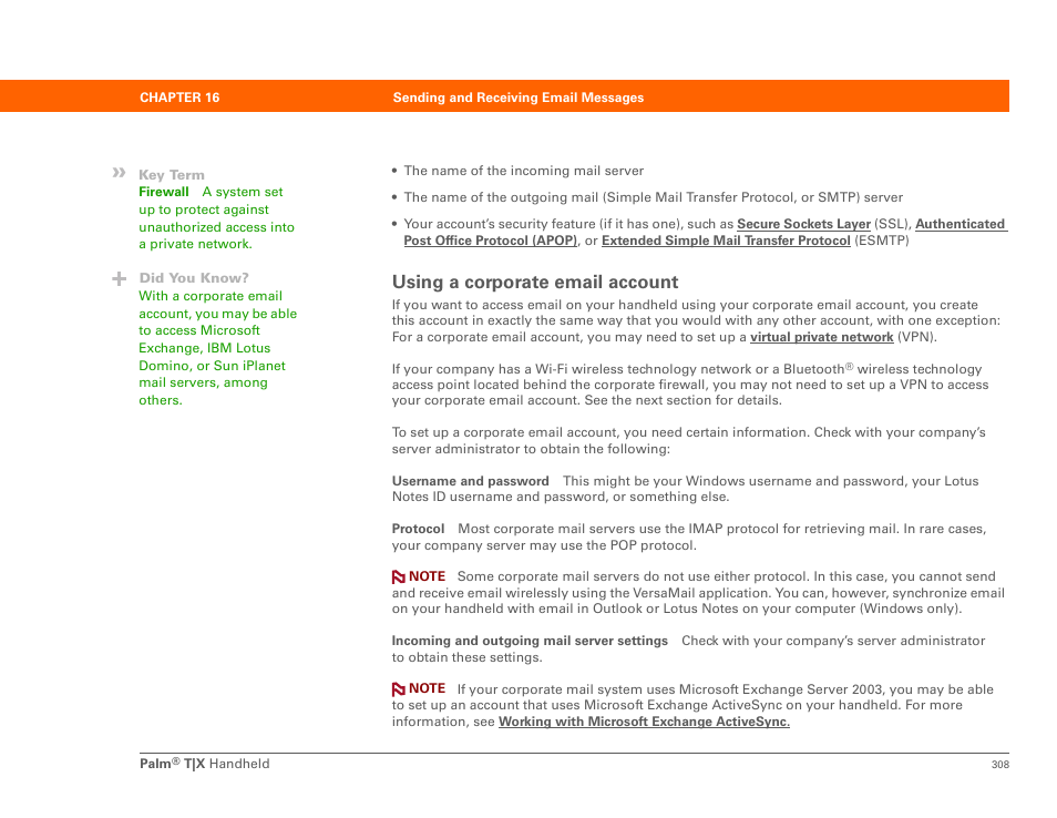 Using a corporate email account | Palm TX User Manual | Page 330 / 690