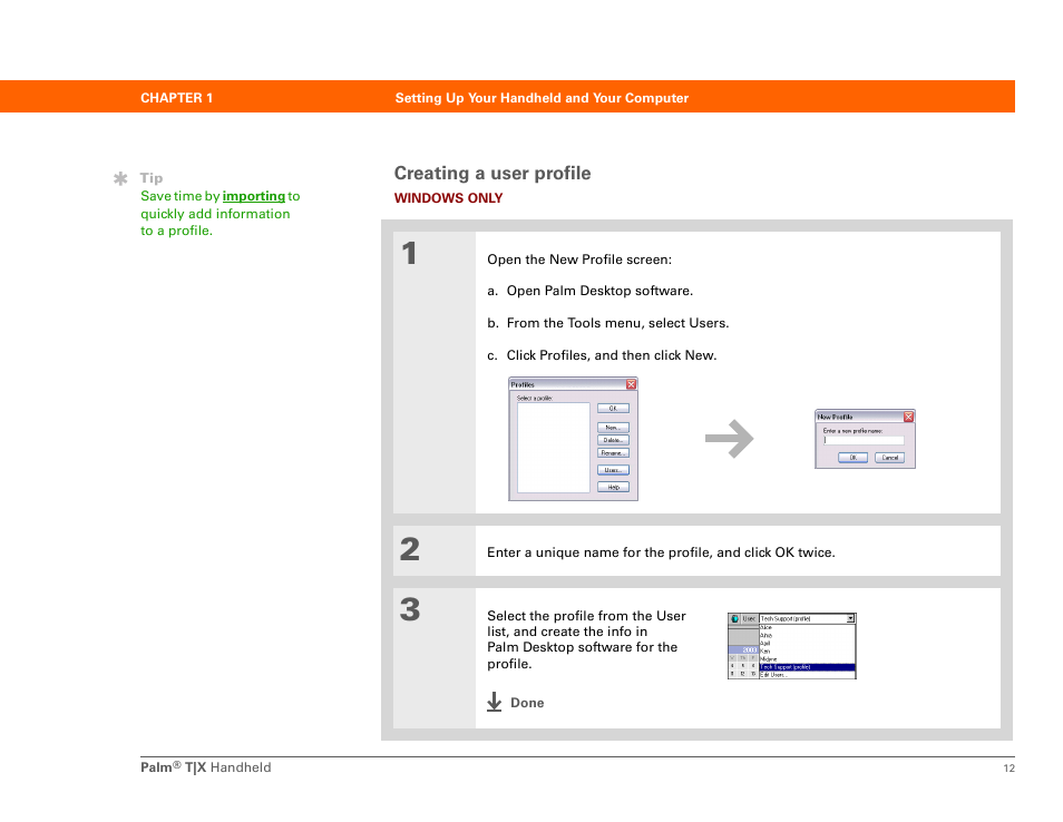 Creating a user profile | Palm TX User Manual | Page 34 / 690
