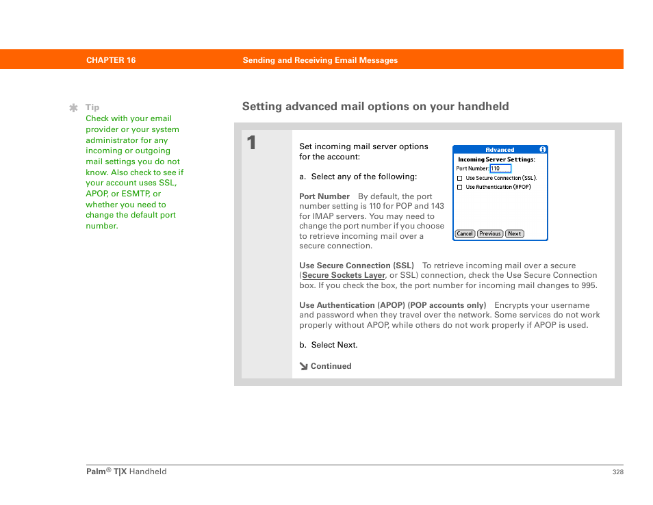 Setting advanced mail options on your handheld | Palm TX User Manual | Page 350 / 690