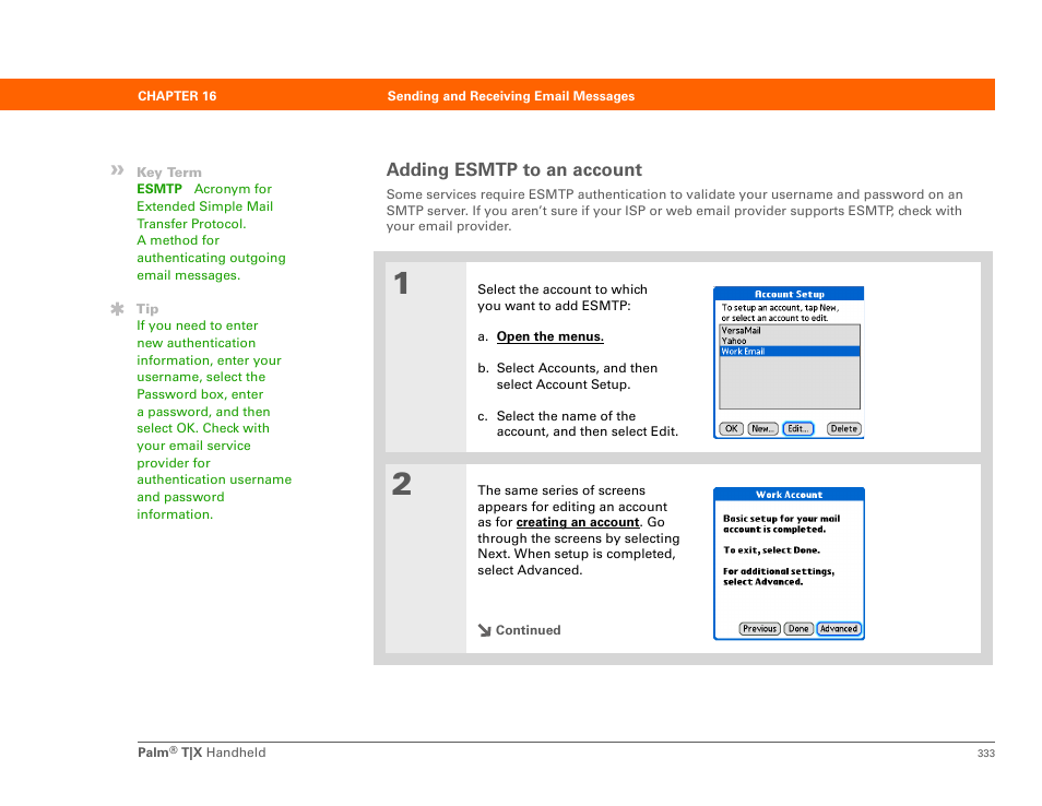 Adding esmtp to an account, Or extended simple mail transfer protocol | Palm TX User Manual | Page 355 / 690