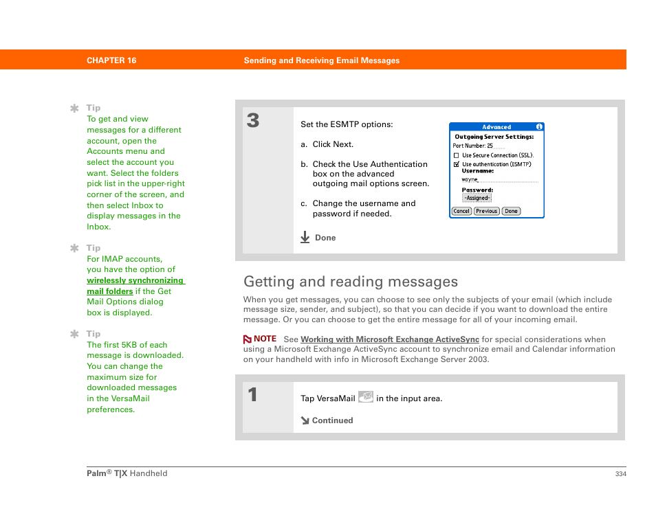 Getting and reading messages, Get and send in | Palm TX User Manual | Page 356 / 690