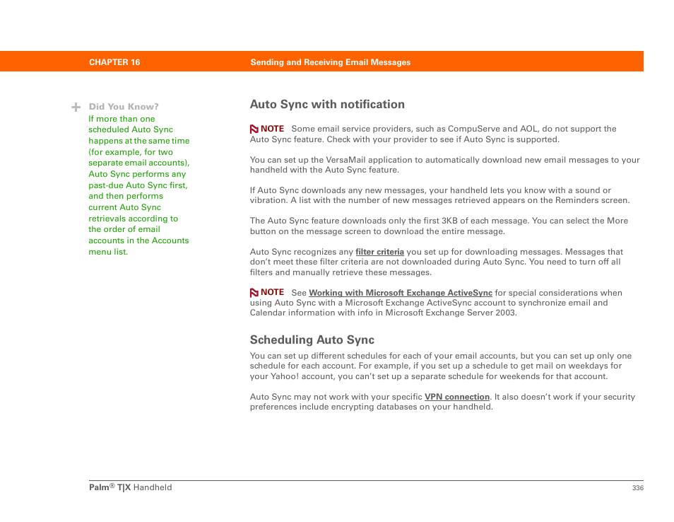 Scheduling auto sync, Auto sync with notification scheduling auto sync, Auto sync to | Auto sync, Auto sync with notification | Palm TX User Manual | Page 358 / 690