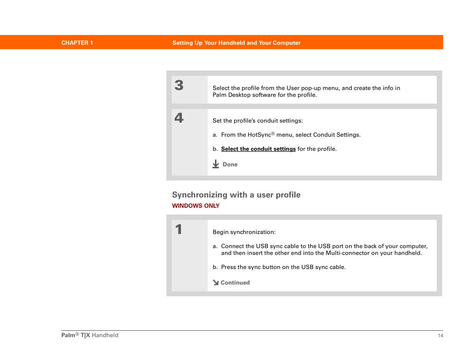 Synchronizing with a user profile | Palm TX User Manual | Page 36 / 690