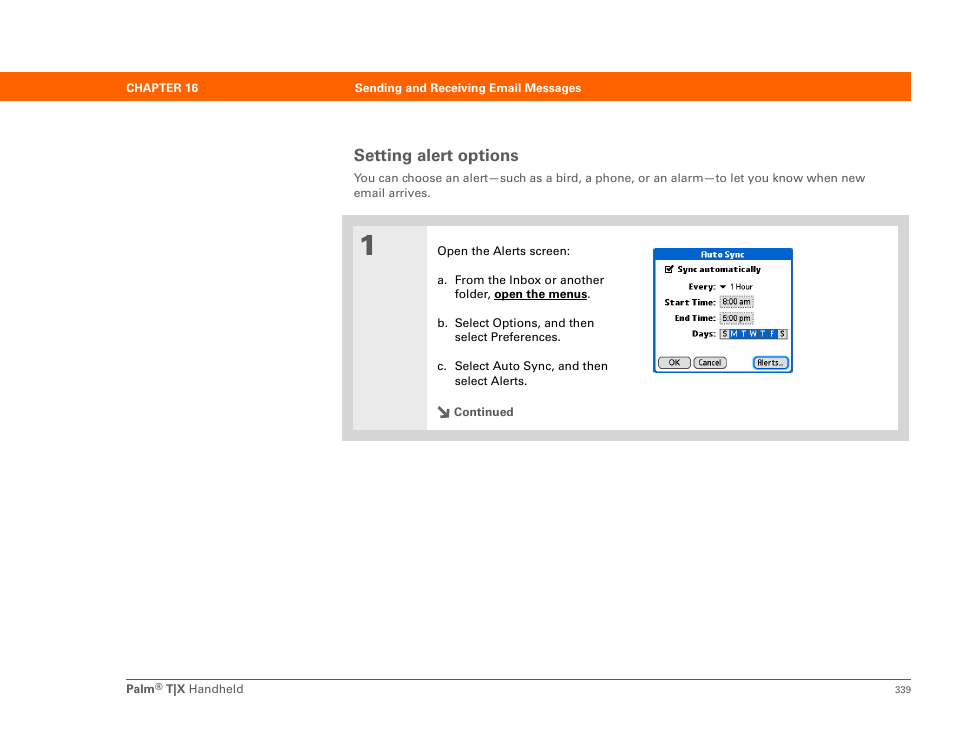 Setting alert options, Respond to or cancel alerts p | Palm TX User Manual | Page 361 / 690
