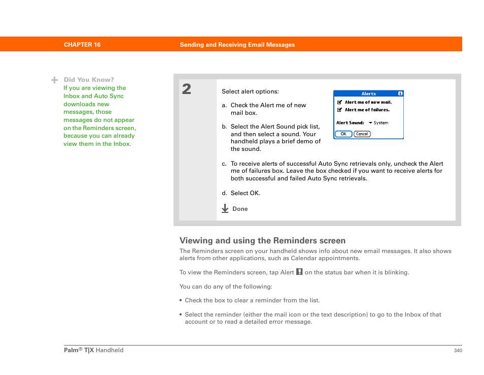 Viewing and using the reminders screen, Respond to or cancel alerts p, E reminders screen | Palm TX User Manual | Page 362 / 690