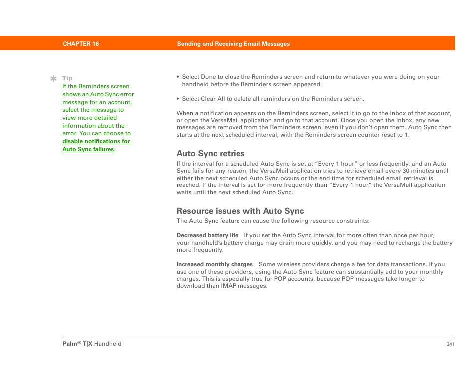Auto sync retries resource issues with auto sync, Auto sync retries, Resource issues with auto sync | Palm TX User Manual | Page 363 / 690