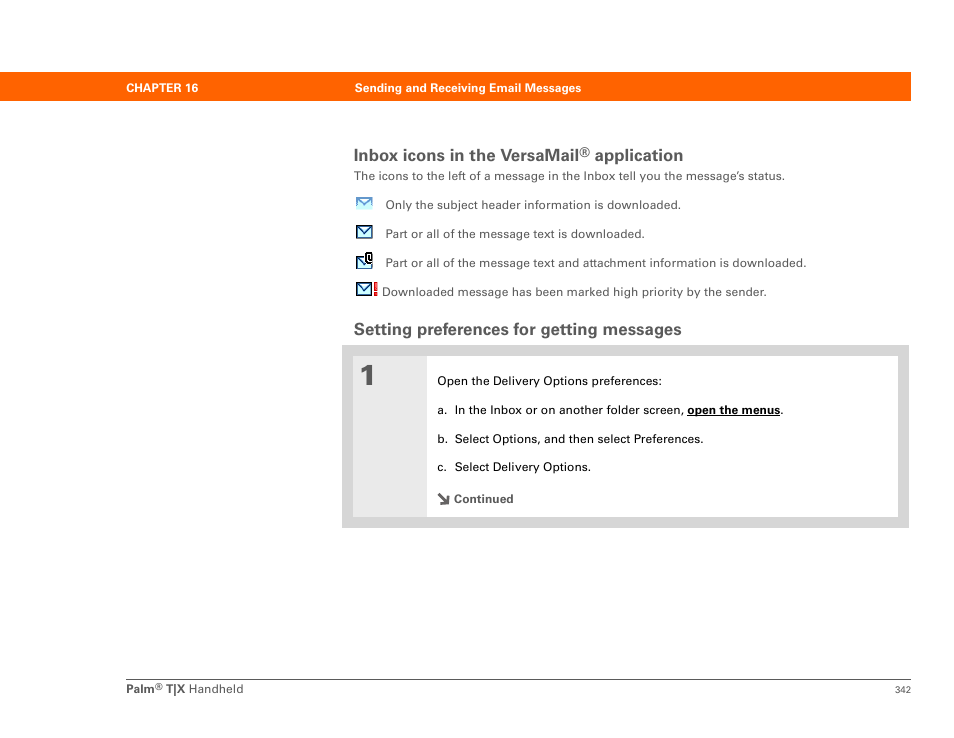 Setting preferences for getting messages, Inbox icons in the versamail, Application | Palm TX User Manual | Page 364 / 690