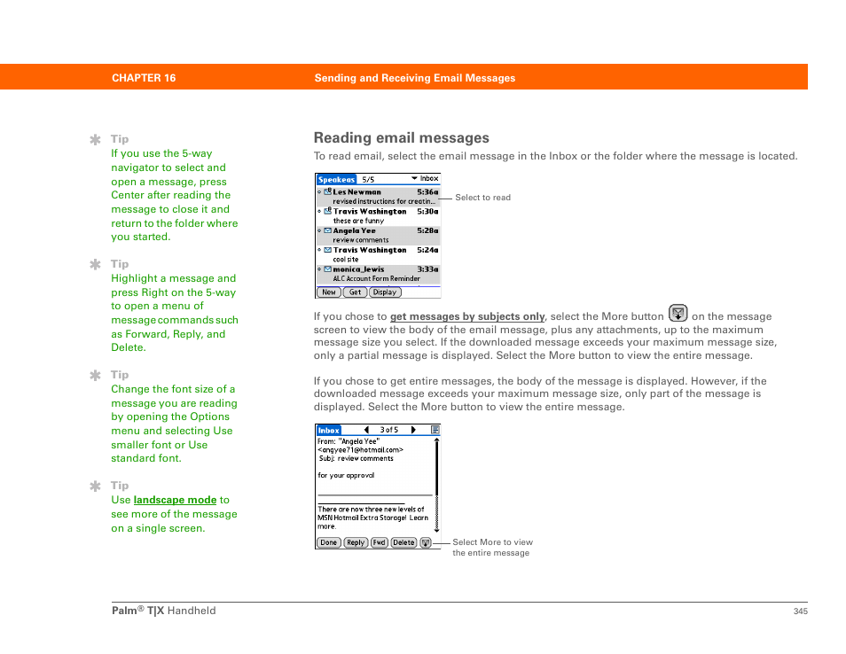 Reading email messages | Palm TX User Manual | Page 367 / 690