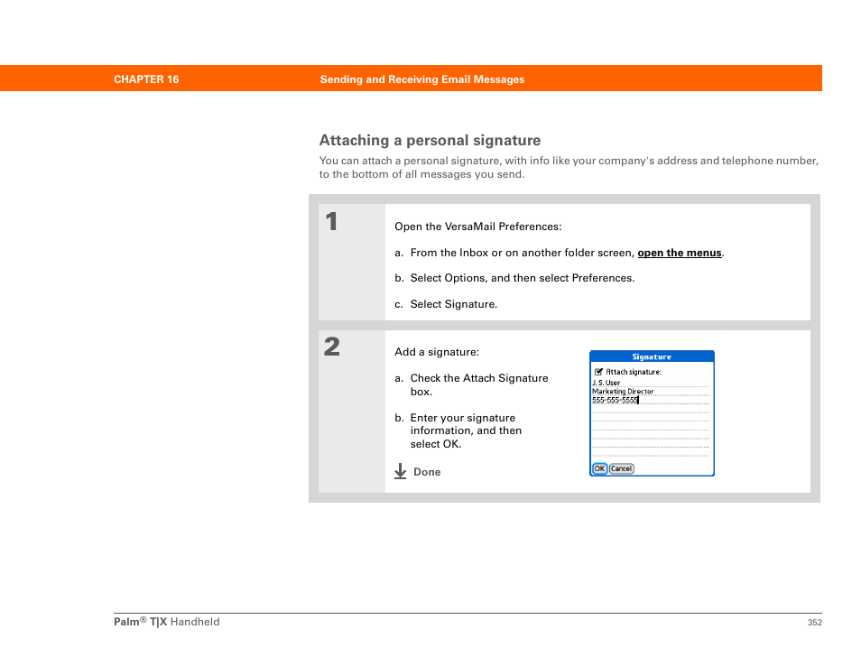 Attaching a personal signature | Palm TX User Manual | Page 374 / 690