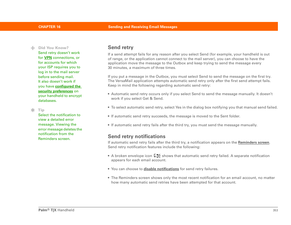 Send retry, Send retry send retry notifications, Scheduled sending retry o | Send retry notifications | Palm TX User Manual | Page 375 / 690