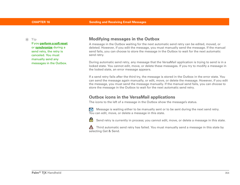 Modifying messages in the outbox, Outbox icons in the versamail applications | Palm TX User Manual | Page 376 / 690