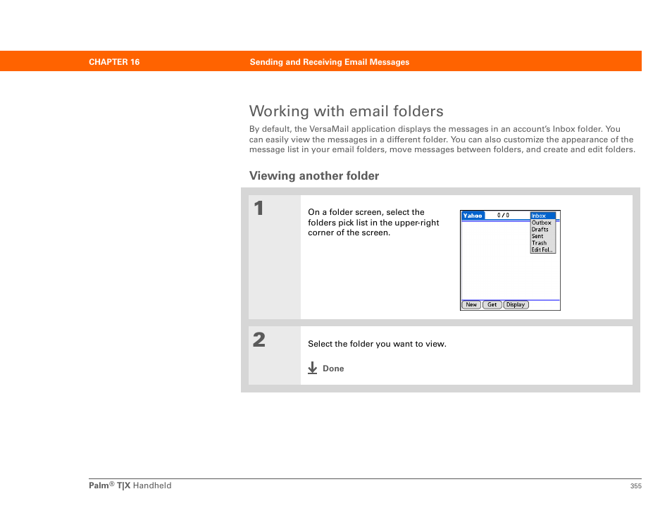 Working with email folders, Viewing another folder | Palm TX User Manual | Page 377 / 690