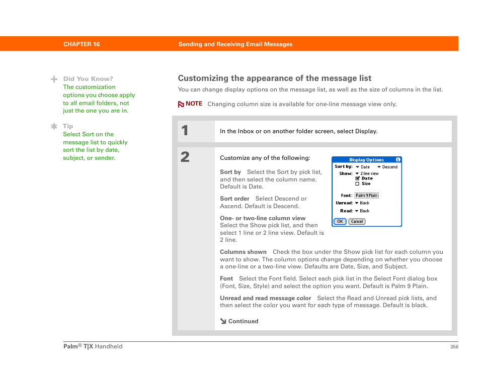 Customizing the appearance of the message list | Palm TX User Manual | Page 378 / 690