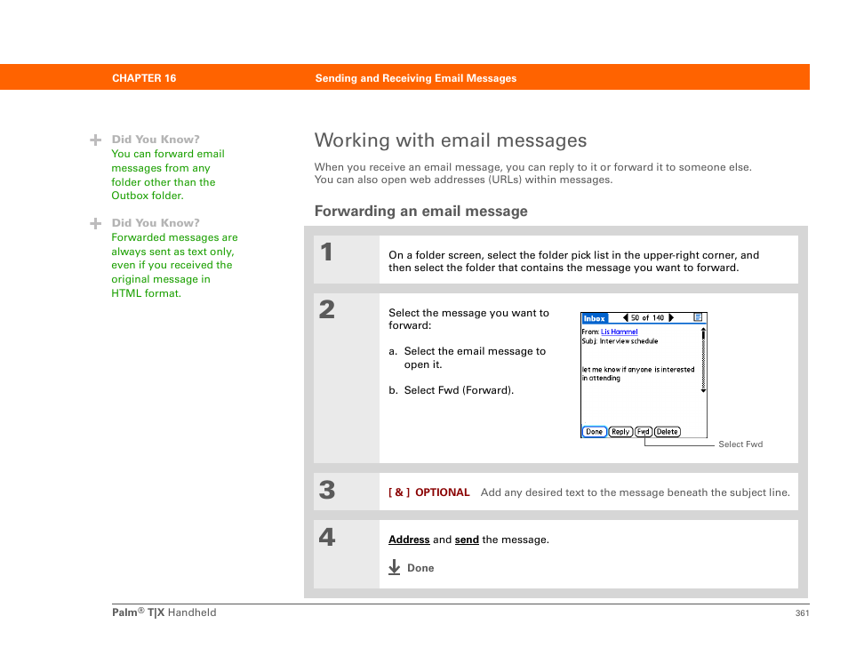 Working with email messages, Forwarding an email message | Palm TX User Manual | Page 383 / 690