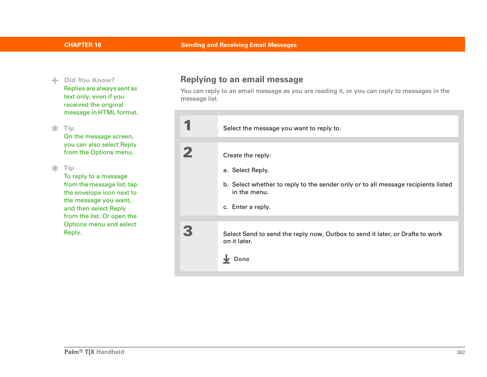 Replying to an email message | Palm TX User Manual | Page 384 / 690