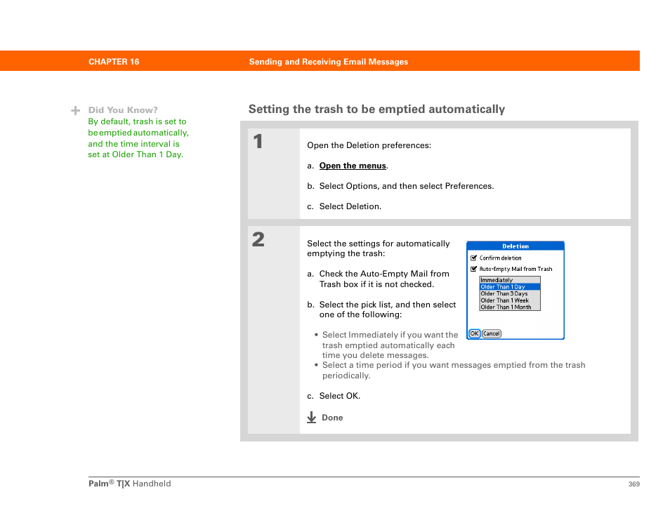 Setting the trash to be emptied automatically | Palm TX User Manual | Page 391 / 690