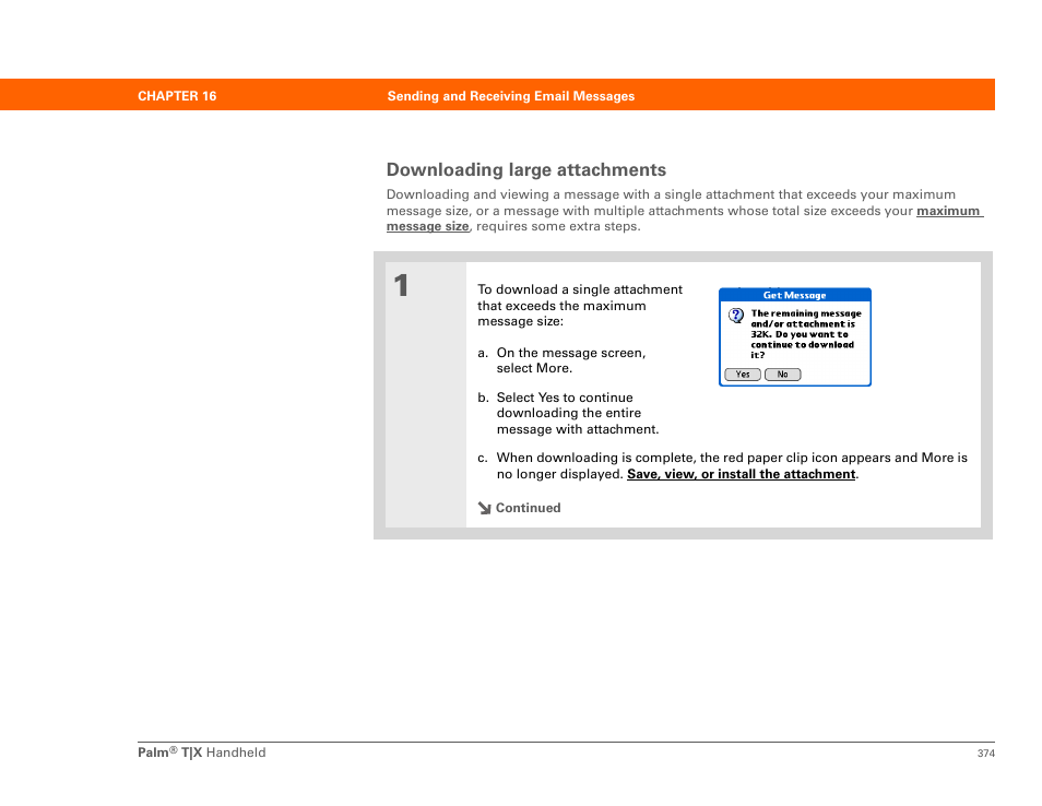 Downloading large attachments | Palm TX User Manual | Page 396 / 690